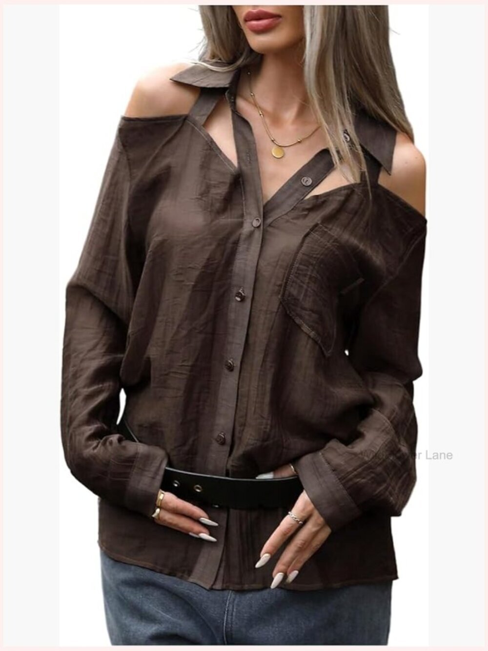 Going Out Cold Shoulder Button Down Blouse Long Sleeve Cutout Top